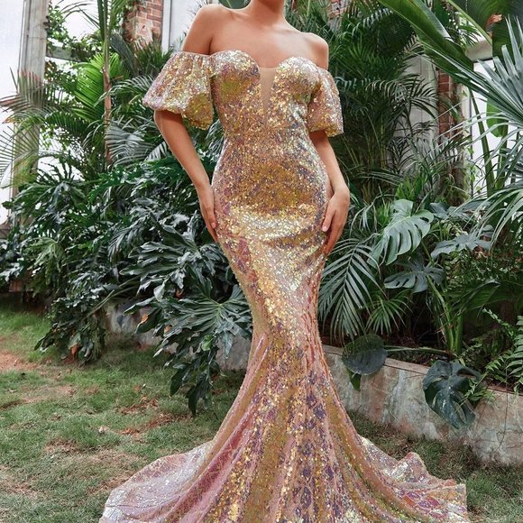 Gold Preppy Womens Off Shoulder Mermaid Hem Sequin Formal Dress - Picture 5 of 5